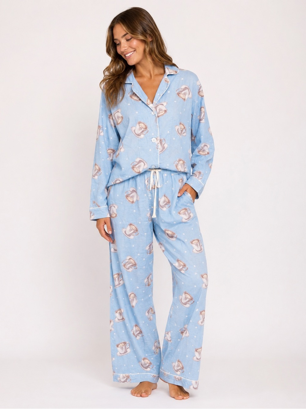 PJ Salvage Coffee Cup Pajama Set Blue 100% Cotton Long Sleeve Pants Size M